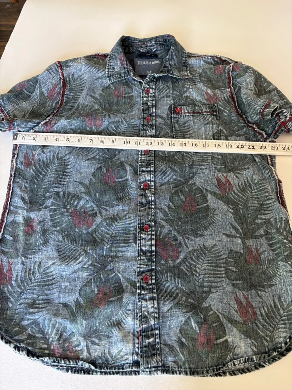 True Religion Palm Leaf Tropical Printed Denim Look Shirt Button Front Size XL
